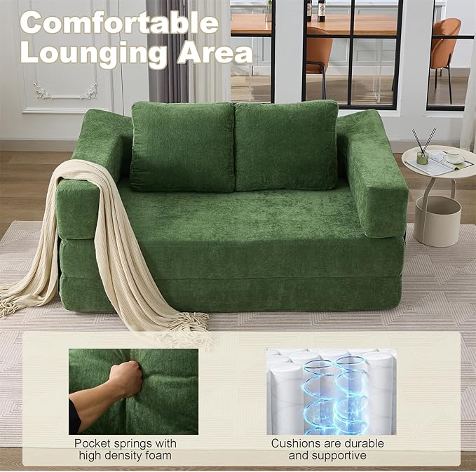 LUMISOL 70 Folding Pull Out Sofa Bed Convertible Futon Sofa Bed with Removable Armrests &amp Side Pockets Portable Foldable Floor Sleeper Sofa Couch with 2 Pillows for Living Room Green