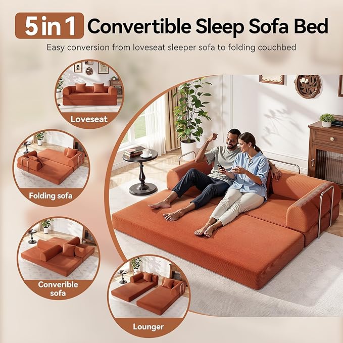 79 Folding Convertible Sofa Bed Boneless Couch for Living Room with Pull Out Bed ‌Convertible Sleeper Sofa Bed with Pillows - Corduroy Upholstered Modular Futon Couch for Bedroom Lounge (Orange)