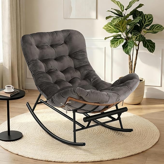 GarveeHome Indoor Papasan Rocking Chair Rattan Rocker with Extendable Footrest &amp Detachable Flannel Cushion 352lbs Sturdy Large Reading Lounge for Indoor Bedroom Living Room Dark Grey