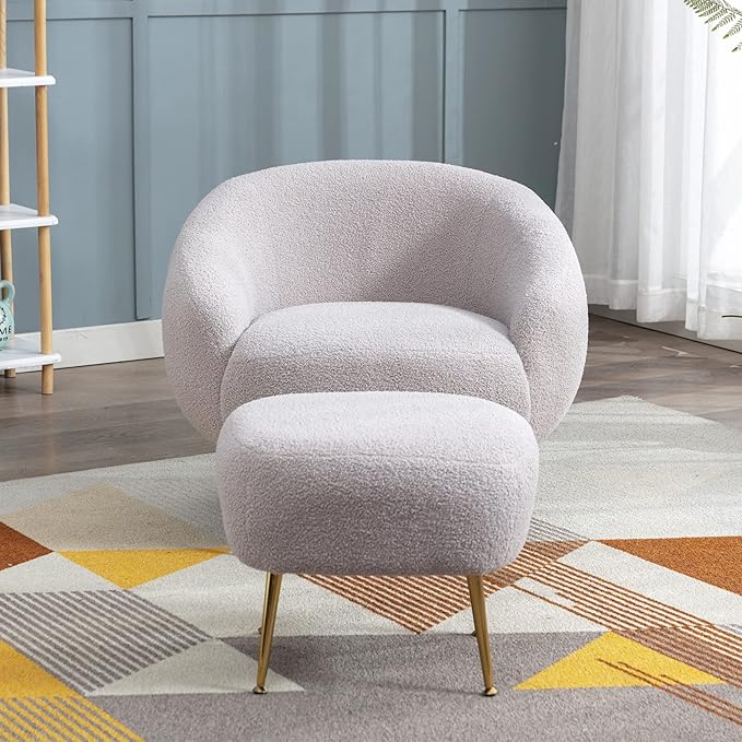 Modern Comfy Leisure Accent Chair Teddy Short Plush Particle Velvet Armchair with Ottoman for Living Room