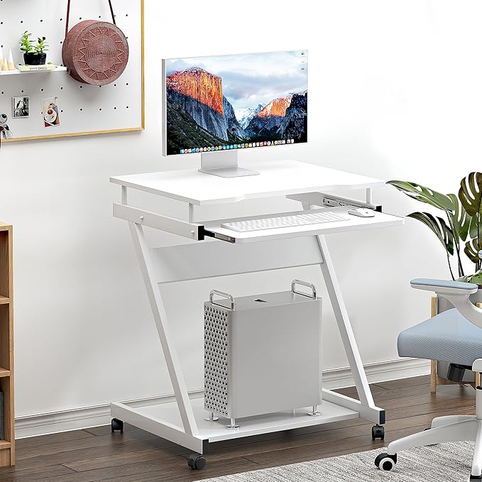 sogesfurniture Mobile Computer Desk Small Rolling Office Table Workstation with Printer Shelf and Keyboard Tray Space-Saving Computer Desk with Storage Shelf for Home and Office (White)