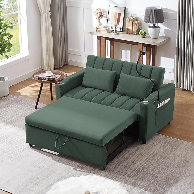 Bellemave 55.9 Convertible Sofa Bed Loveseat 3-Position Recliner to Sleeper with USB Ports Cup Holders 360°Swivel Phone Holder &amp Side Pockets for Small Space Green