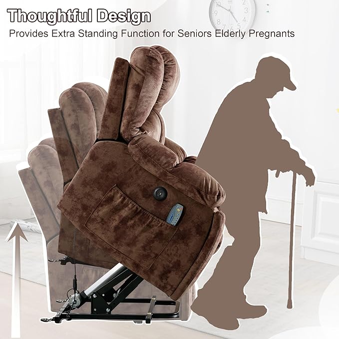 Bonzy Home Power Lift Recliner Chair with Massage and Heating Lift Chairs Recliner for Elderly Upholstered Comfy Power Lift Chair with 2 Hidden Cup Holders Side Pockets USB Port Brown