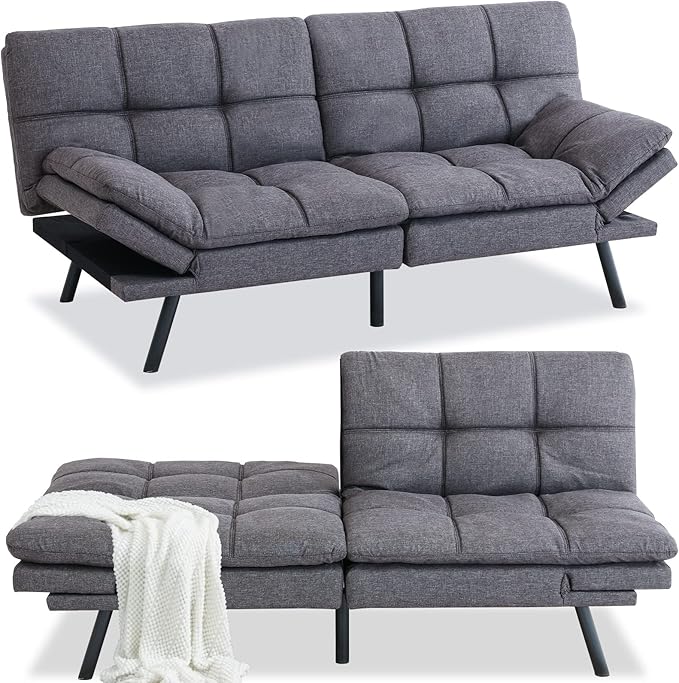 Opoiar Modern Convertible Sleeper Sofa Memory Foam Futon 71x33x32 Loveseat Bed Breathable Linen Adjustable Lounge Couch with Metal Legs Dark Grey