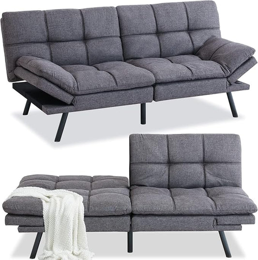 Opoiar Modern Convertible Sleeper Sofa Memory Foam Futon 71x33x32 Loveseat Bed Breathable Linen Adjustable Lounge Couch with Metal Legs Dark Grey