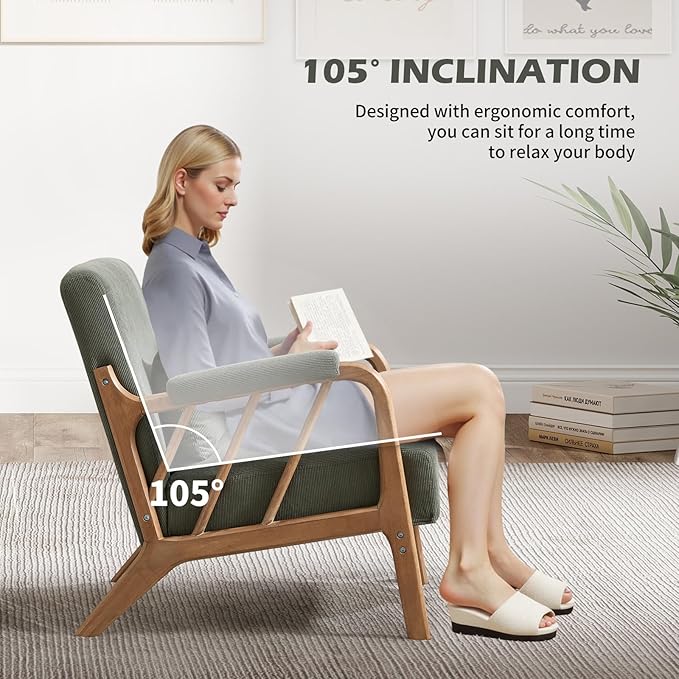 INZOY Accent Chairs Set of 2 Mid Century Modern Accent Chair with Wood Frame Upholstered Reading Armchair with Corduroy Fabric Accent Chair for Living Room Bedroom Apartment Easy Assembly Green