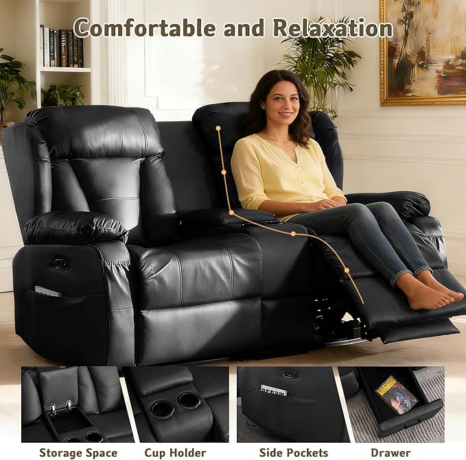 66 Power Loveseat Recliner Sofa with Console RV Reclining Couch with Cup Holders/LED Lights/USB and USB-C Wall Hugger Loveseat Recliners Home Theater Seating for Living Room (Black)