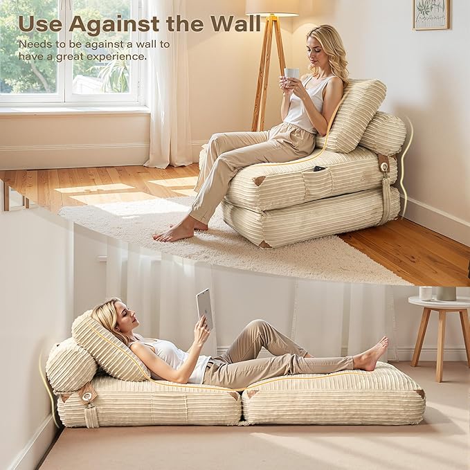 75''Foldable Sofa BedBeige Convertible Folding Sleeper Chair BedFoldable Single Sofa Foam Filling Couch with Pillow Comfy Corduroy Lazy Floor Sofa for Small Room Living Room Bedroom Apartment