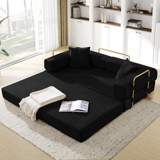 Convertible Folding Sofa Bed Corduroy Sleeper Mattress Couch with Fixed-Shape Frame Free Combination Loveseat Lounge Floor Sofa Queen Size Memory Foam Couch for Living Room Bedroom Carbon Black