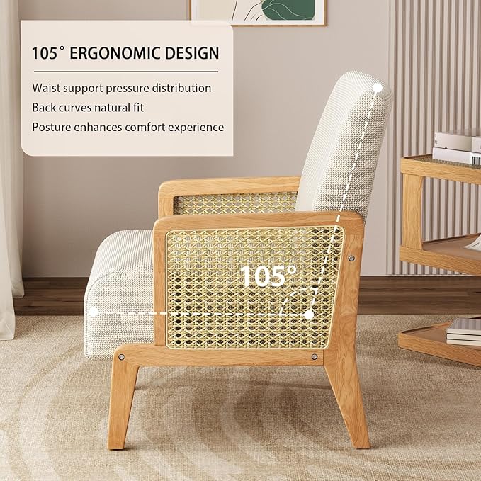 Modern Accent Chair with Rattan Armrest Linen Fabric Arm Chair with Ash Wood Legs White Accent Chair for Living Room Bedroom Balcony