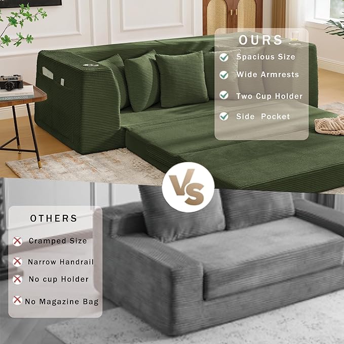 KEIKI 82 Corduroy Modular Sectional Sofa Bed with 5 Pillows &amp 2 Side Pocket &amp 2 Cup Holders Convertible 3-Seater Sleeper Couch with Memory Foam Cushion No Assembly Required for Living Room