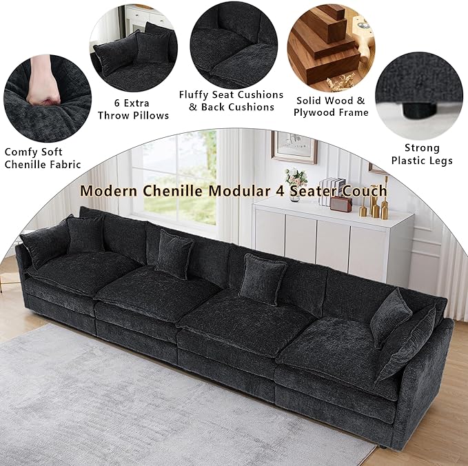 Setawix Chenille Cloud Couches for Living Room4 Seater Cloud Sofa Couch with Deep Seat147.22 Roomy Cloud SofasModular Sectional 4 Seat Sofa with Pillows for Bedroom (Black 4 Seater)