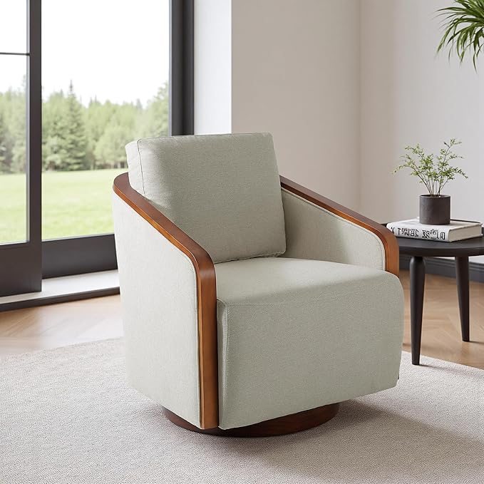 Swivel Barrel Accent Chair Mid Century Modern Arm Chair for Living Room Bedroom Comfy Club Reading Lounge Sofa Corner Chairs for Adults(Chenille Beige Brown Set of 1)