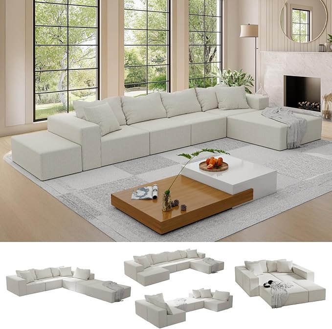 151'' Modular Sectional Sofa Couches Chenille Sleeper Deep Seat Sofa Bed Oversized Cloud Couch with 6 Pillows Free Combination Compression Sofa for Living RoomNo Assembly Beige