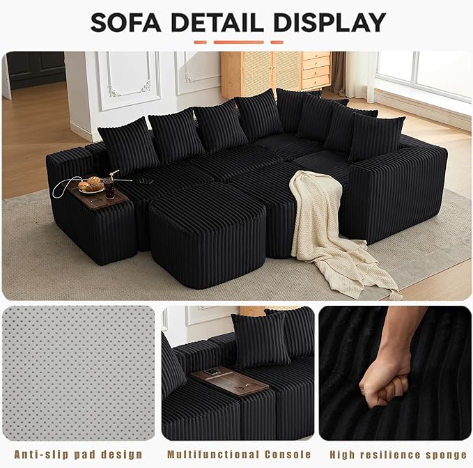 137.5 U Shaped Sofa Couch with USB Wireless Charge &amp Coffee Table Board with a Cup Holder 6 Seats Oversize Modular Corduroy Sectional SofaNo Assembly Black