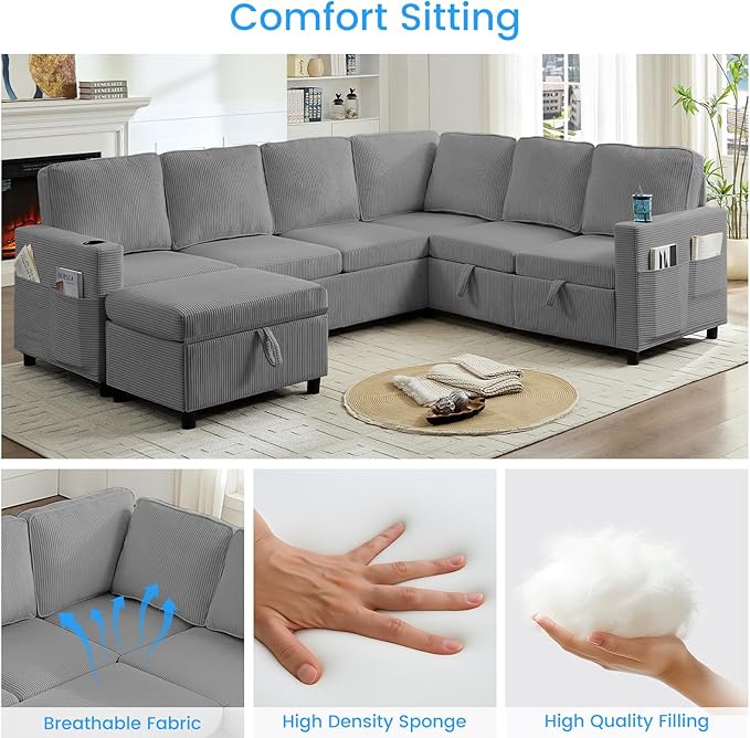 PUREMIND 100 Sectional Sleeper Sofa with Pull Out Bed U Shaped Modular Sectional Sofa with Storage Chaise Corduroy Cloud Sofa Bed with Cup Holders for Living Room Bedroom Apartment Grey
