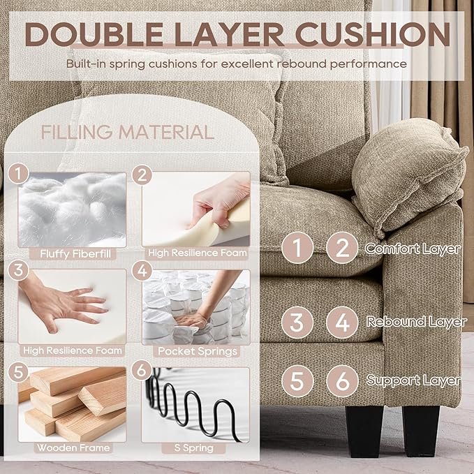 IPKIG 53 Modular Sectional Sofa Chenille Single Seater Sectional Couch Comfy Upholstered Seat Sofa Deep Seat Cloud Couch Sofa for Living Room Khaki | 2 Layer Cushion Cloud Couch Breathable Cheni