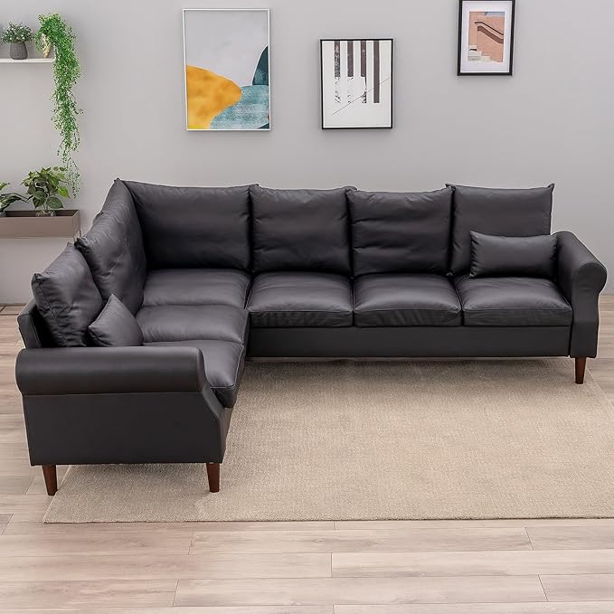 Panana 6 Seater L Shape Corner Upholstered Sofa Couch Artificial Leather L Shaped Corner Sectional Loveseat Ottoman Modern Living Room Sofa (Black Faux Leather 6 Seater L Shape Corner Sofa)