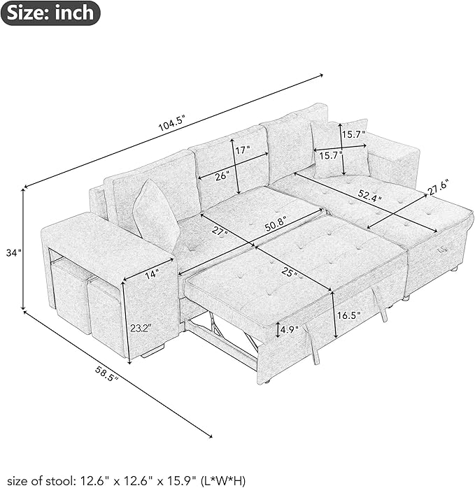 Ball &amp Cast 104 L-Shape Sectional Sofa with Storage Chaise and 2 StoolsPull-Out Bed3-Seat Chenille Reversible Couch w/Storage Armrestfor Living RoomApartmentCream
