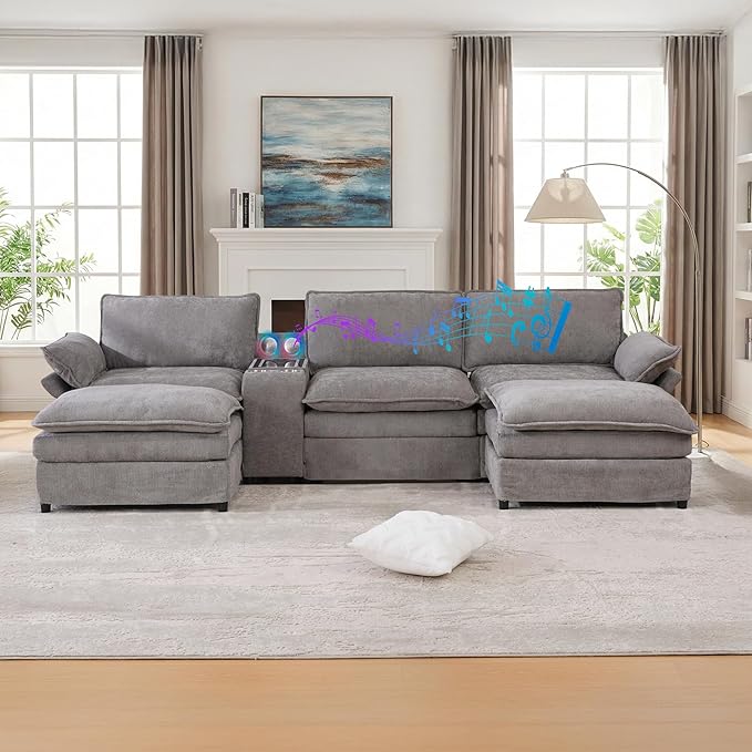 124 Cloud Couch Sectional Modular U Shaped Couch with Movable Ottomans Modern Deep Seat Sofas for Living Room Comfy Chenille Sectionals with Central Console &amp Bluetooth Speakers (Grey)