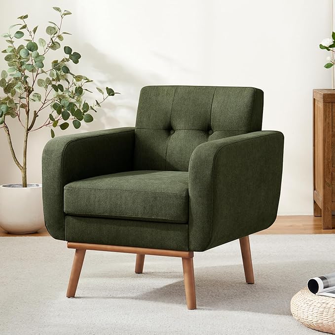 HUIMO Fabric Accent Chair Mid Century Modern Arm Chair Button Tufted Living Room Chairs for Bedroom Study Office (1 Green)