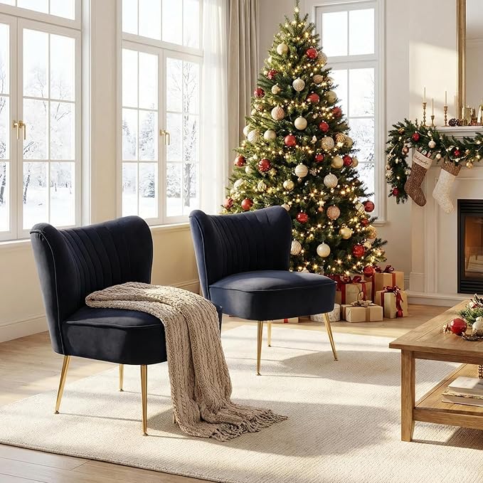 DUOMAY Modern Accent Chair Set of 2 Velvet Slipper Chair with Gold Legs Wingback Side Chair for Living Room Bedroom Entryway Small Corner Chair for Space Saving Black