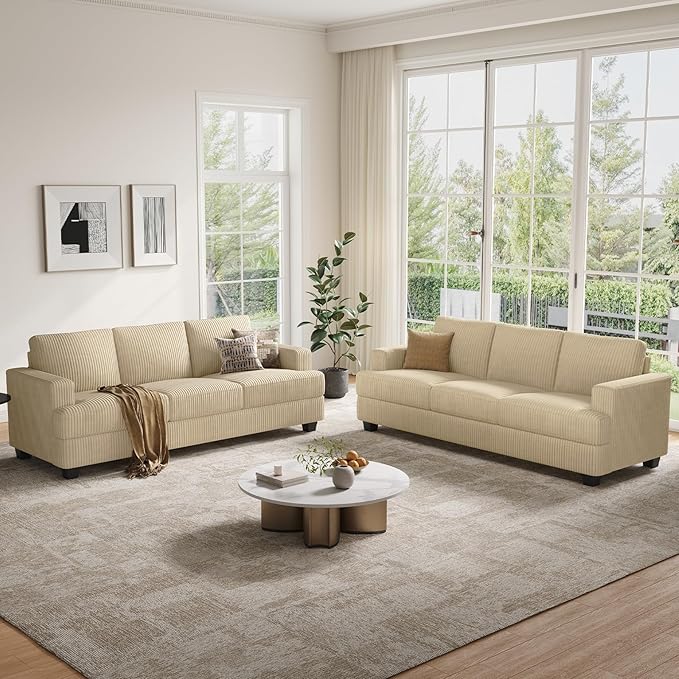 89 Inch Sofa with Extra Deep Seats Oversize 3 Seater Sofa for Living Room Modern Couch and Sofa Comfy Armrests and Seats and Backrests Easy InstallationWide Corduroy Fabric Beige