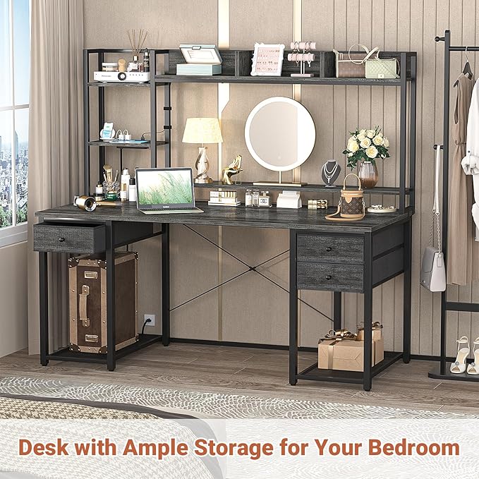 Aheaplus Desk with LED and Outlets Gaming Desks with Hutch 55.2'' Computer Desk with Drawers Reversible Office Desk with Storage Bookshelf Large Workstation with Shelf Desk for Home Black Oak