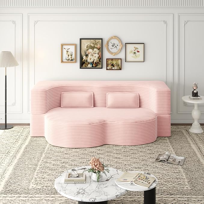 2 in 1 Convertible Folding Sofa Bed Plush Corduroy Lazy Lounge Sofabed Foam Folding Floor Sofa Bed 78 Full Size Memory Foam Couch for Living Room Guestroom No Assembly Sofabed (Baby Pink)