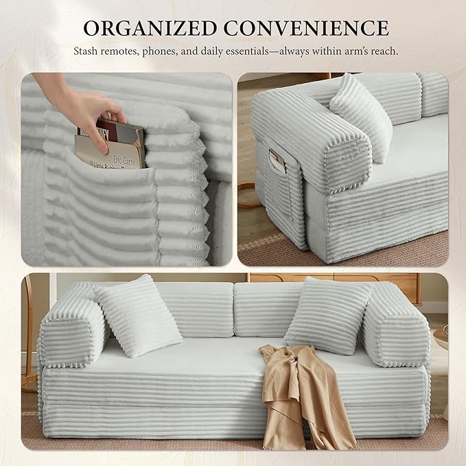 Boneless Couch Folding Couches for Living Room Sofa Futon Sofa Bed with Sleeper Sofa Futon Couch with Fixed-Shape Oversized Corduroy Upholstered (Light Grey 81 Inches)