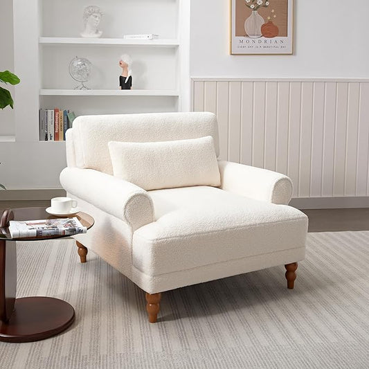 Christopher Knight Home Accent Chair Boucle Club Chair Upholstered Lounge Chair Large Size Armchair Roman Column Legs Cozy Reading Single Sofa Chair for Living Room Bedroom Home Study White