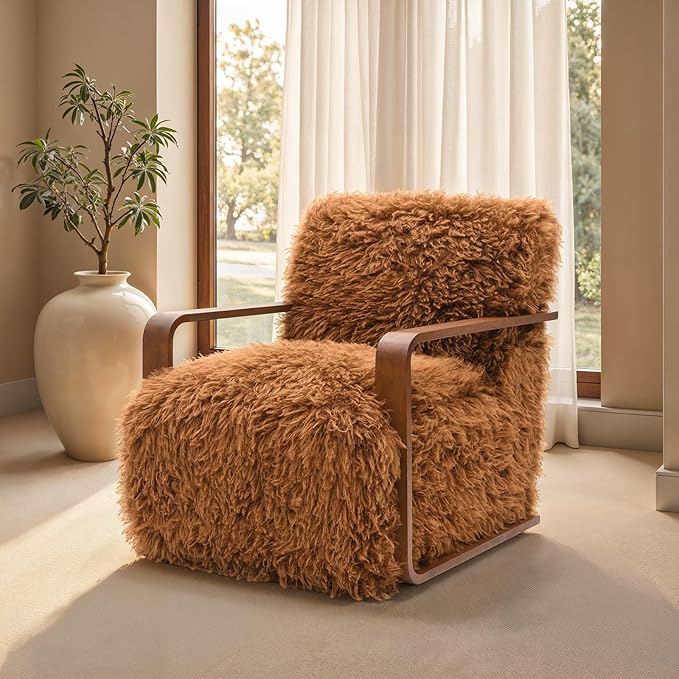 Comfortable Faux Fur Reading ChairModern Luxury Accent Chair Side Chairs with Curved Wooden Armrests for ApartmentLiving RoomOfficeStudyCamel+Brown