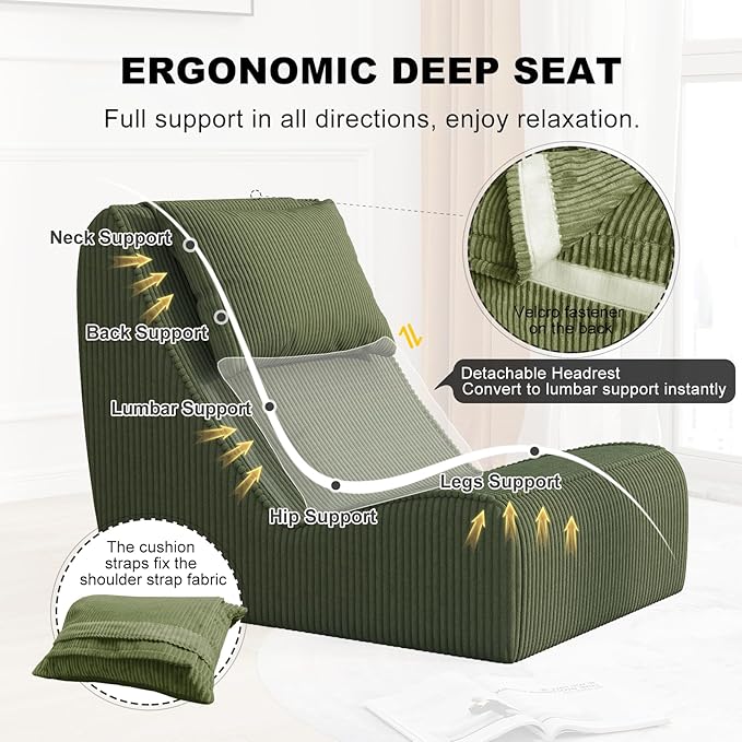 Giant Bean Bag Chair for AdultsCorduroy Chaise Lounge with Unrivaled Back Support Detachable Neck Pillow Comfortable Ottoman &amp Washable Cover for Living Room Bedroom Garden (Olive Green)