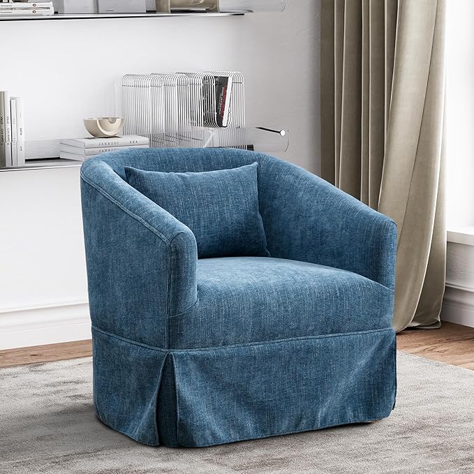 Swivel Accent Chair Comfy Modern Swivel Barrel Chair with Skirt Thick Cushion 360°Upholstered Chenille Small Single Sofa Club Armchair for Living Room Bedroom Nursery Lounge Blue
