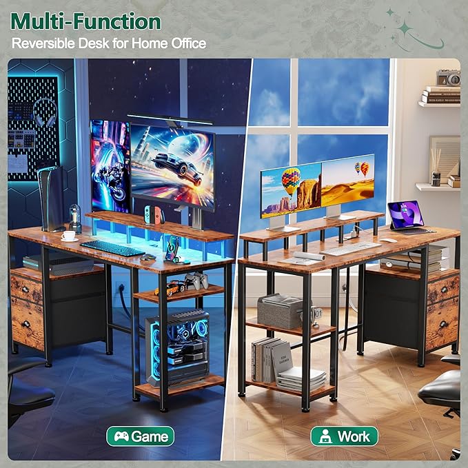 Furologee 61 Computer Desk with Power Outlet &amp LED Lights Reversible Gaming Desk with File Cabinet &amp Monitor Stand for Home Office Writing Study Table with Storage Shelves and Drawer Rusti