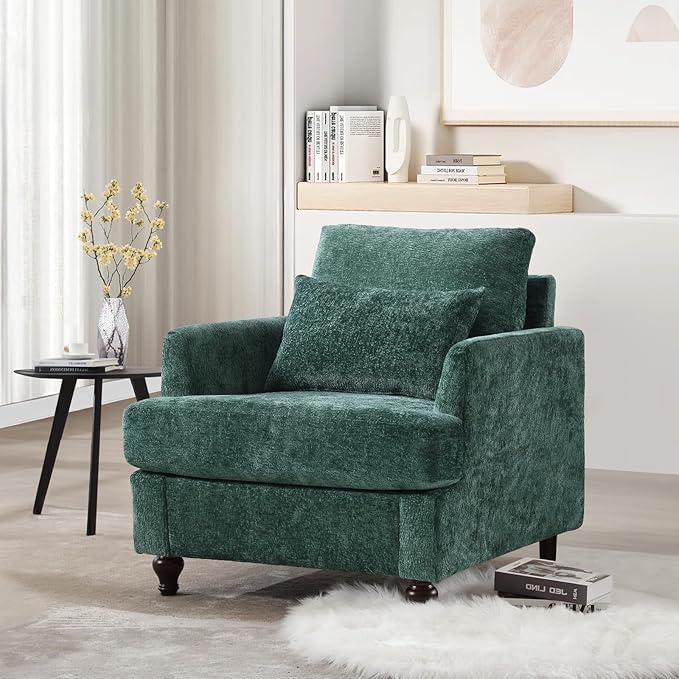 KINFFICT Modern Accent Chair for Living Room Upholstered Single Sofa Chair with Lumbar Pillow Comfy Armchair with Thickened Cushion Living Room Chairs for Bedroom Office Emerald Chenille