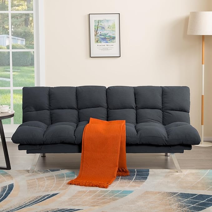 67” Convertible Futon Couch Bed Adjustable Pillow Top Arm Memory Foam Cloud Futons Loveseat Modern Light Gray Corduroy Mini Small Sofa Couches for Living Room