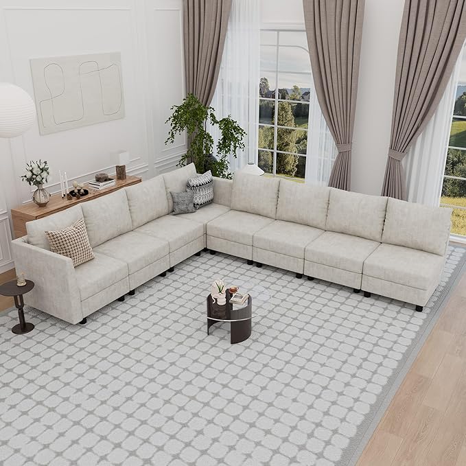 Fiona's magic Modular Sectional Sofa Set 8 Seats Sleeper Sofa Couch with Storage Sectional Sofa Couch with USB Charging Port Modern Comfy Chenille Couch for Living Room Beige