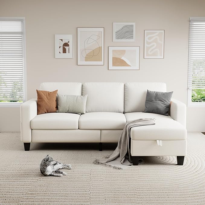 Sectional Sofa and Couches for Living Room - 78'' Beige 3 Seat L-Shaped Couch with Storage Ottoman Modern Linen Convertible Sectionals Sofas for Apartment Office Small Space