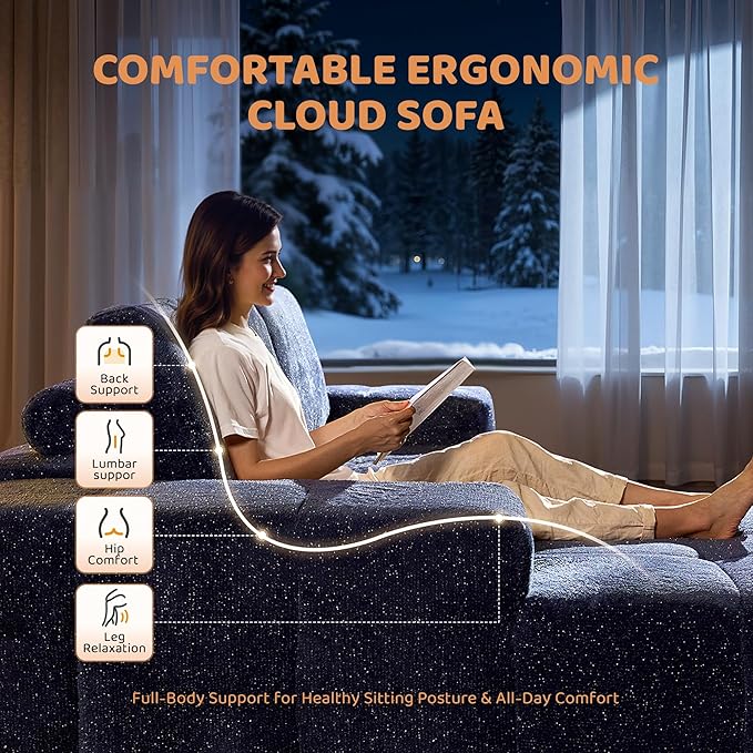 115″ Modular Sectional Sofa L-Shaped Chaise Lounge Cloud Couch with Ultra-Wide Armrests &amp Deep Seat Silver Weave Boneless Couches for Living Room No Assembly Required Blue