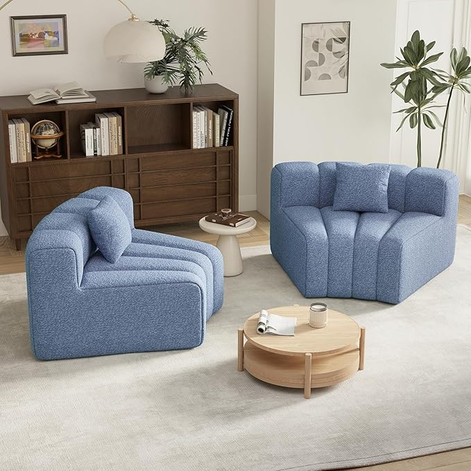 2PCS 1/8 Round Curved Sofa 2 Seater Modular Velvet Couch Modern Boneless Sectional Couches for Living Room No Assembly Required Light Blue