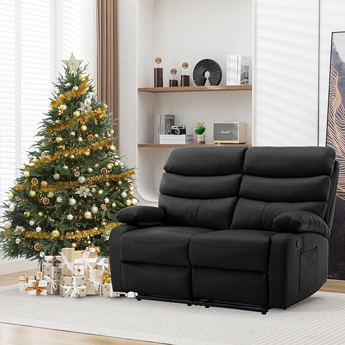 Double Recliner Loveseat Leather Reclining Loveseat 2 Recliners Set Wall Hugger Loveseat Recliner Sofa for Living Room RV Home Theater Seating(Black 2 Seater Sofa)
