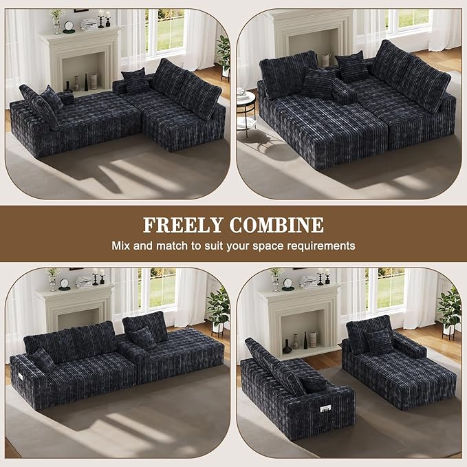 107 Sectional Couches 4 Seat Modular Sectional Sofa with Right Chaise Lounge Boneless Cloud Couch Upholstered Couch for Apartment Living Room No Assembly Required (Grey Stripe)