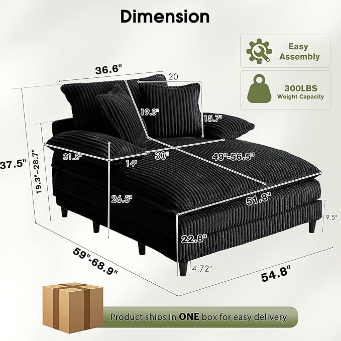 55 W Oversized Chaise Lounge Sofa Couch with 5-Position Adjustable Backrest Corduroy Sleeper Chair Sofa Bed Reading Chair ‌with Deep Seat Cloud Couches for Living Room Bedroom Black