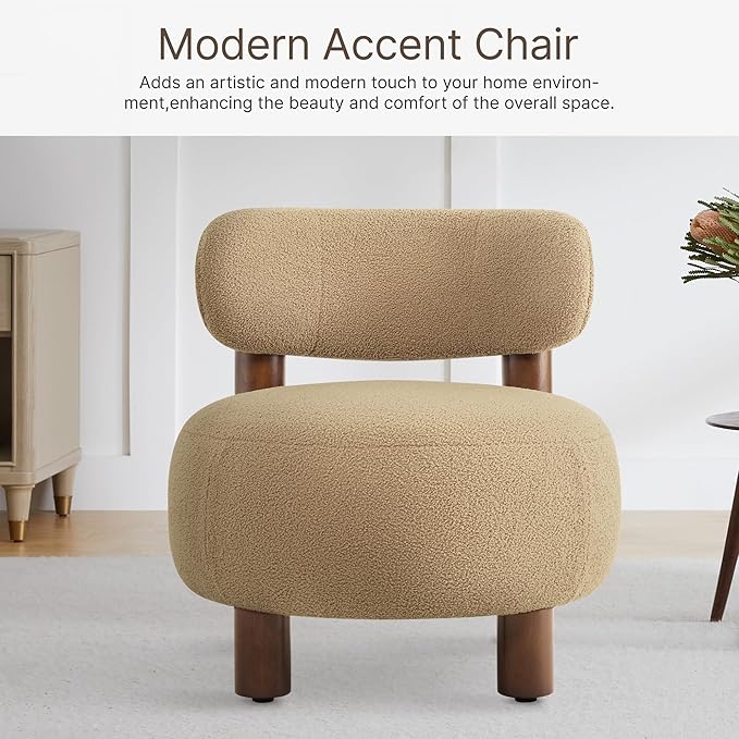 Modern Boucle Accent Chair Set of 2 with Plush Faux Sherpa Upholstery Curved Backrest Solid Wood Legs for Living Room Bedroom Reading Nook 27.5 Camel