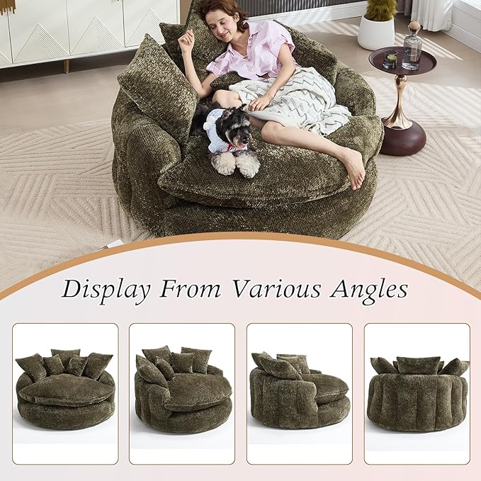 54 Oversized Round Chair Couch Lounge Chaise Indoor Comfy Boneless Sofa for Living Room Cloud Large Circle Couch Chair with 5 Pillows Fluffy Modern Sleeper Sofa Bed for Reading (Olive Green)
