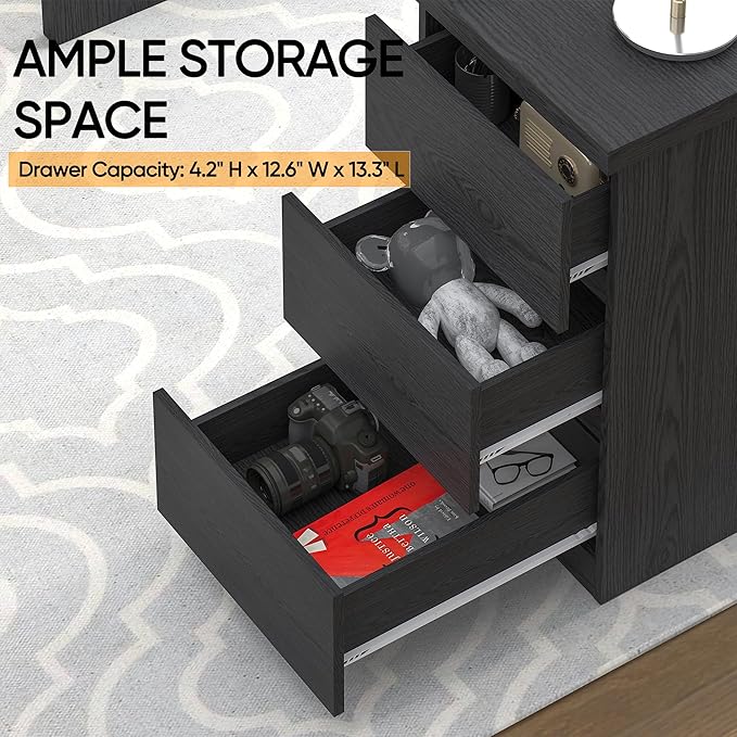 furtble Computer Desk with Drawers 53.5 inches Wood Work Desk Home Office Desks Workstation with Storage Modern Gaming Computer Table for Bedroom Living Room Black