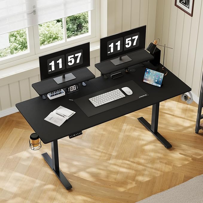 71 x 24 Inches Electric Standing Desk with 2 Monitor Shelves Adjustable Computer Desk from 28-46'' Sit to Stand UpHome Office Desk with Memory Controlller for Workstations Black