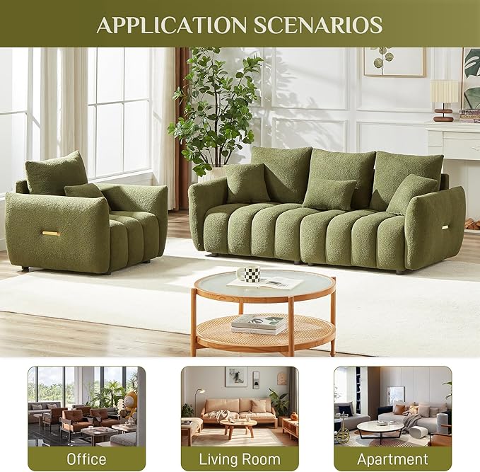 Teddy Cloud Sofa Couch Modern Deep Seat Boucle Single Sofa Chair Comfy Upholstered Sherpa Couch with Pillow Oversized Accent Armchair for Living Room Apartment Office Olive Green