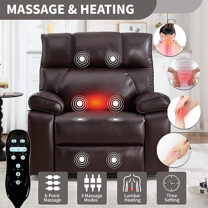 Luxlen Oversized Power Lift Recliner Chair for Elderly Dual Motor Lift Chair with Vibration Massage &amp Lumbar Heating Standing Assistance Recliner with Cup Holders - Faux Leather Reddish Brown